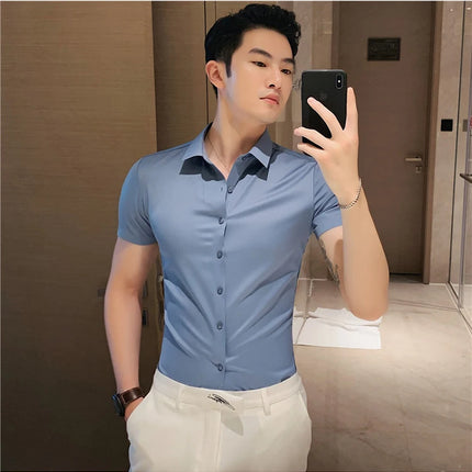 2025 Summer Ice Silk Seamless Shirt High Quality Silky Smooth Short Sleeve Slim Casual Business Tuxedo Shirts Mens Clothing 4XL