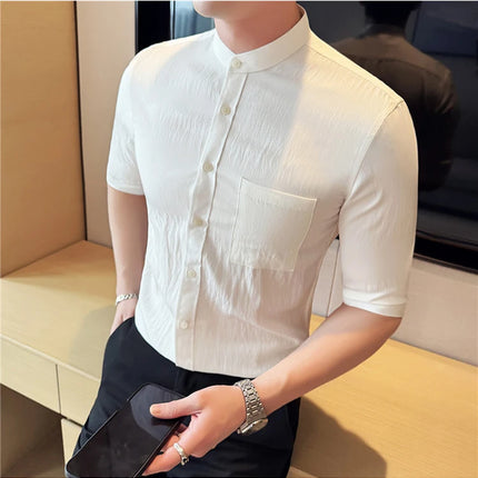 Summer New Chinese Style Stand Up Collar Shirt High Quality Slim Fit Half Sleeved Casual Social Party Shirt Men's Clothing 4XL-M