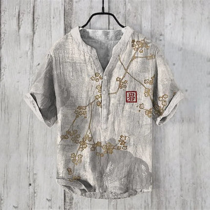 Men's Summer V-neck Henley Short Sleeve Shirt Men's Casual Shirt Moon View Moonlight 3D Printed Short Sleeve Linen T-Shirt Top