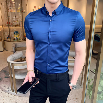 Neckline Embroidery Shirts Men Summer Short Sleeve Slim Fit Casual Shirt Men Solid Color Business Party Dress Shirt Streetwear