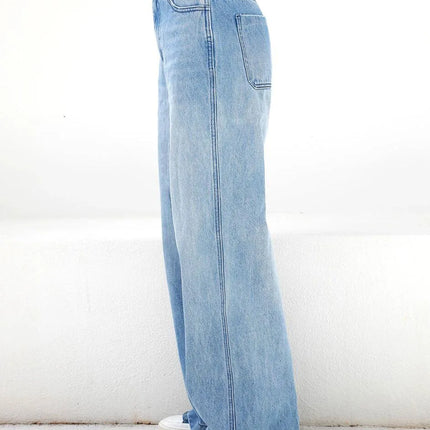 Women Jeans Wide Leg Pants Denim Pockets Streetwear Loose High Waist Full Length Washing Zipper Fly Flat Solid Color 2024
