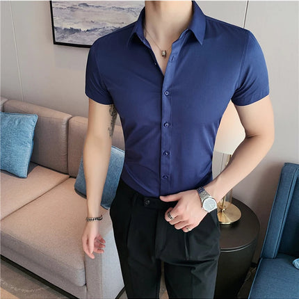 Summer Men Fashion Casual Short Sleeve Solid Shirt Super Slim Fit Male Social Business Dress Shirt Brand Men Casual Dress Blouse