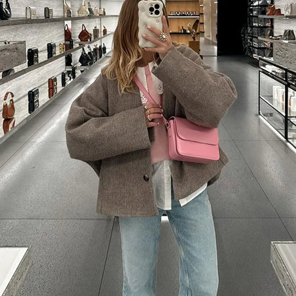 Chic Single Breasted V-neck Oversized Jackets Women's Fashion Solid Long Sleeve Warm Woolen Coats 2024 Lady Casual Streetwear