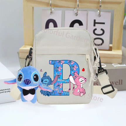 Disney Stitch Canvas Shoulder Bags with Doll Cartoon Letter A-Z Printed Fashion Handbag Multi Pocket Zipper Crossbody Bag Gifts