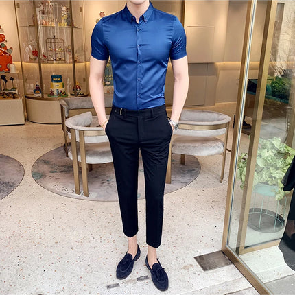 Neckline Embroidery Shirts Men Summer Short Sleeve Slim Fit Casual Shirt Men Solid Color Business Party Dress Shirt Streetwear