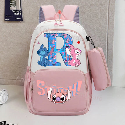 Disney Stitch Backpack with Pencil Bag for Students Anime High-capacity Schoolbag Boys Girls Letter A-Z Printed Backpacks Gifts
