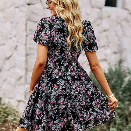 Spring Summer Fashion Women V Neck Short Sleeve Loose Chic Floral Printed Dress