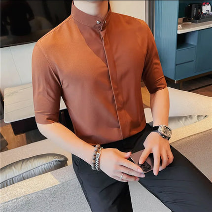 Summer New Standing Collar Half Sleeve Shirts For Men Invisible Button Up Design Slim Casual Business Social Shirt Club Outfits