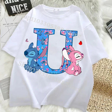 Disney Stitch T-shirts for Women Men Anime Letter A-Z Printed Short Sleeved Shirt Female Male Summer Fashion Top Adults Clothes