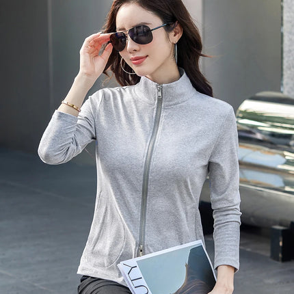 New Women's Zippered Stand Collar Jacket Slim Fit Long Sleeve Cotton Solid Color Casual Outerwear