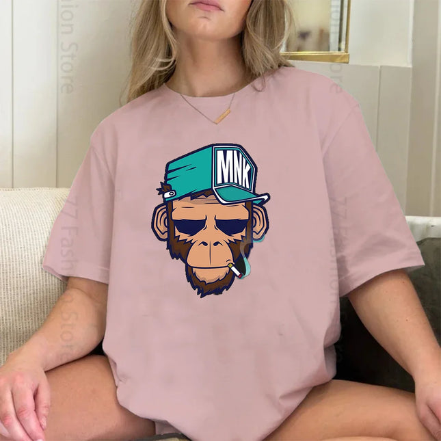 Cotton Tops Smoking Monkey Cartoons Short Sleeve Women Personality Street T-Shirts Loose Oversized Tees Breathable Soft Clothing