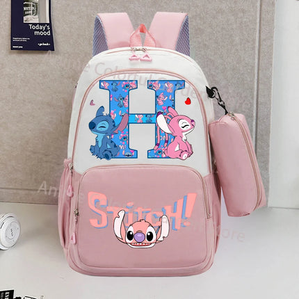 Disney Stitch Backpack with Pencil Bag for Students Anime High-capacity Schoolbag Boys Girls Letter A-Z Printed Backpacks Gifts