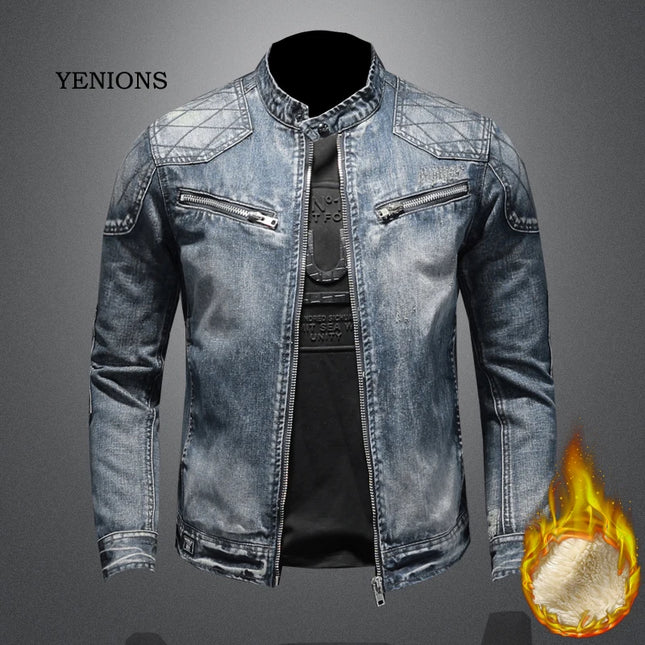 2023 Denim Jacket Men's Denim Jacket Mock Neck Zipper Slim Fit Blue Denim Jacket