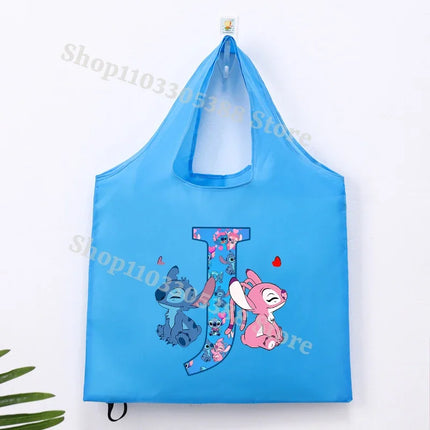 Disney Stitch Foldable Shopping Bag for Women Men High-capacity Reusable Handbags Cartoon Letter A-Z Printing Portable Tote-bags