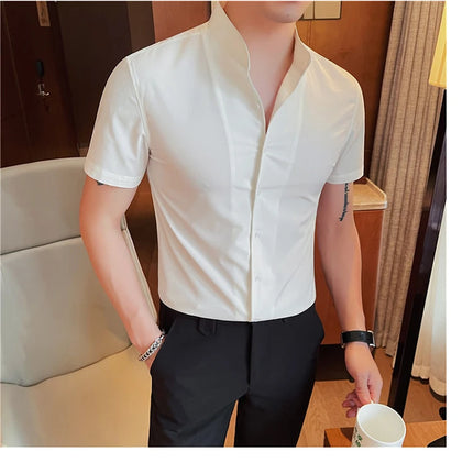 Men's Summer Fashion Stand Collar Business Casual Short Sleeve Shirt Luxury Slim Fit Solid Dress Shirt Brand Men Clothes 5XL-M