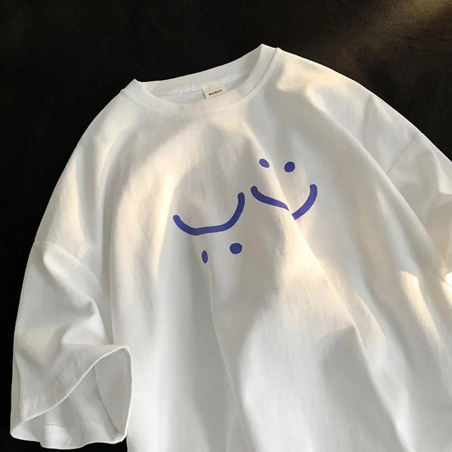 Cotton T-Shirts For Women Summer Short Sleeve Clothing Smile Printing Tops Female Streetwear Ladies Y2K Solid Color Tees