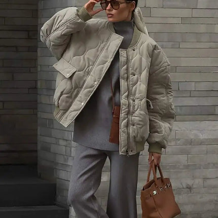 Chic Zipper With Button Quilted Bomber Cotton Jacket Women Casual Single Breasted Long Sleeve Pocket Coat Fall Lady Warm Outwear