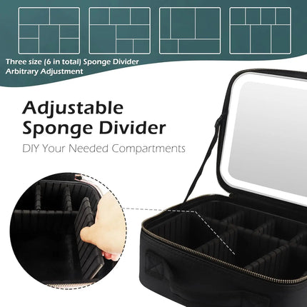 Makeup Organizer with Mirror Light 3 Adjustable Brightness Travel Train Case Cosmetic Bag Portable Storage Partition Waterproof
