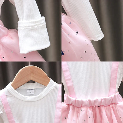 Labubu Sweet Mesh Dress with Bow for Girls Anime Cartoon Cute Suspender Skirt Children Spring Fashion Fake Two Dresses Gifts