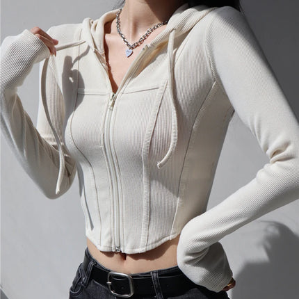 hooded cute long sleeve crop top sexy curve hem