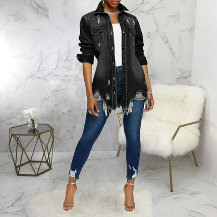 Women Jeans Jackets Spring Summer Ripped Denim Vintage Casual Denim Jacket Long Sleeve Female Chic Coat Streetwear 2024