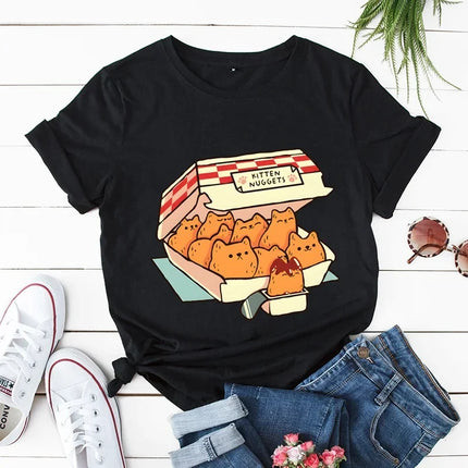 Kitten Nuggets Fast Food Cat Print Women T Shirt Duck with Knife Cartoon T-shirts Duck Around and Find Out Funny Tshirt Tops Y2k