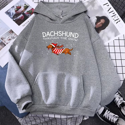 Dachshund Through The Snow Funny Dog Christmas Women Hoody Yule Gift Fashion Loose Pullover Autumn Pocket Sportswear Male Hoodie