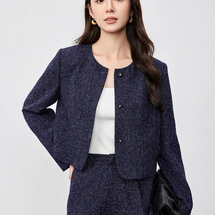 SENTUBILA Spring Women's Jackets 2025 Straight Cropped Office Lady Crewneck Long Sleeve Single Breasted Formal Coat 151W58771