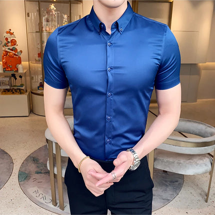 Neckline Embroidery Shirts Men Summer Short Sleeve Slim Fit Casual Shirt Men Solid Color Business Party Dress Shirt Streetwear