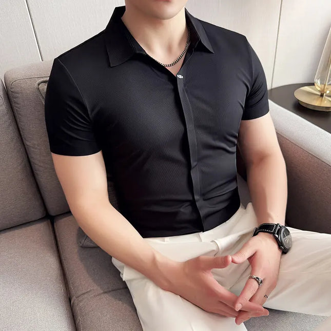 High Elasticity Men's Short Sleeve Shirt Summer Ice Silk Fashion Slim-Fit Business Anti-Wrinkle Shirt High Quality Tops 4XL-M