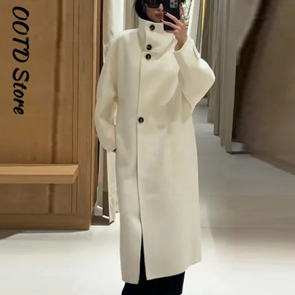 Elegant Stand Collar Overcoat Women Single Breasted Full Sleeve Solid Long Loose Coats 2025 Autumn Winter Chic Warm Lady Outwear