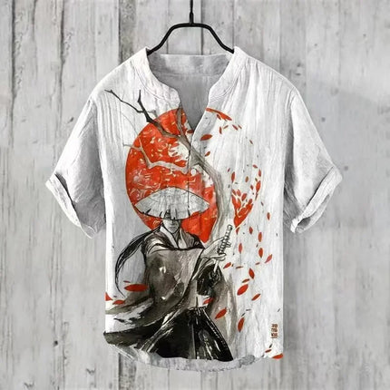 Men's Linen V-neck Shirt Hawaiian Men's T-shirt 2024 New 100% Linen Shirt HD Pattern Plus Size White Crane Landscape Painting
