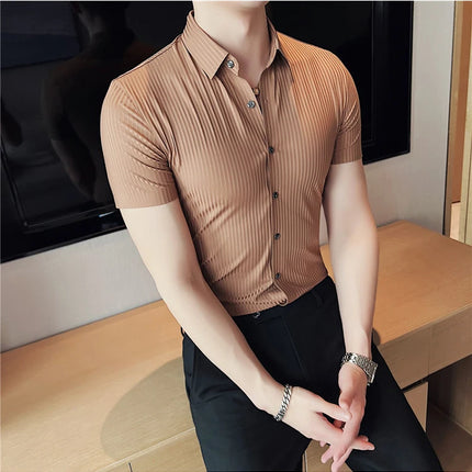 2024 Summer High Elasticity Seamless Short Sleeve Shirts Fashion Stripes Men Business Formal Wear Slim Fit Casual Dress Shirt