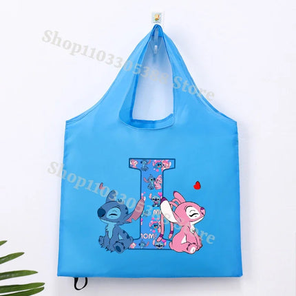 Disney Stitch Foldable Shopping Bag for Women Men High-capacity Reusable Handbags Cartoon Letter A-Z Printing Portable Tote-bags