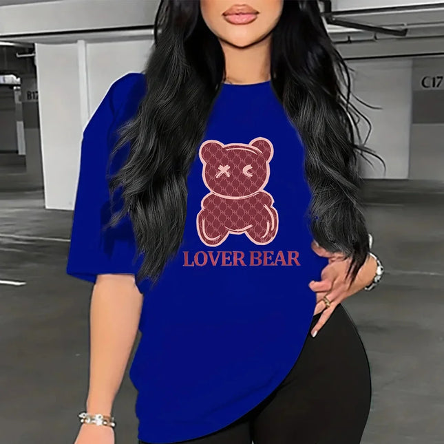 Summer Women's Cotton T-Shirt Bear Picture Print Casual Short Sleeved T Shirt Fashion Hip Hop Harajuku Tshirts Ladies Oversized