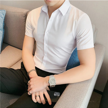 New Summer Men's Short Sleeve Shirt Fashion Business Slim Solid Color Shirt Formal Social Party Casual Dress Men's Clothing 7XL