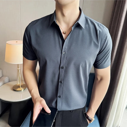 High Quality Ice Silk Elastic Jacquard Shirts 2024 Summer New Men Casual Short Sleeved Slim Fit Business Versatile Shirt 4XL-M