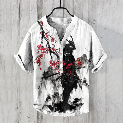 Men's Linen V-neck Shirt Hawaiian Men's T-shirt 2024 New 100% Linen Shirt HD Pattern Plus Size White Crane Landscape Painting