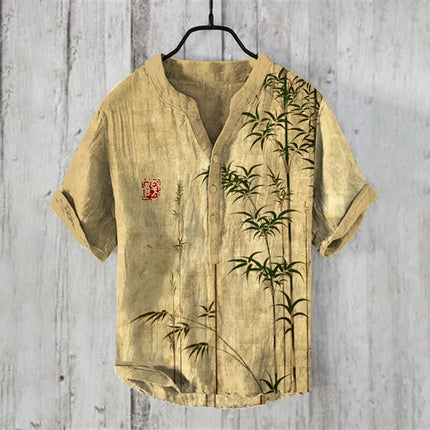 Men's Summer V-neck Henley Short Sleeve Shirt Men's Casual Shirt Moon View Moonlight 3D Printed Short Sleeve Linen T-Shirt Top