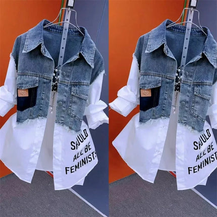 Women Denim Jacket Fake Two Denim Shirts 2025 New Spring Summer Autumn Casual Fashion Joker Stitching Striped Tops Coat Female