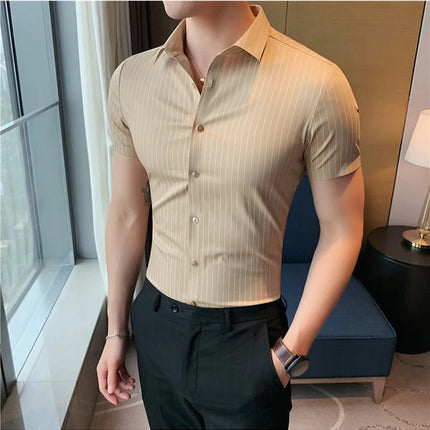 High Quality Ice Silk Traceless Striped Shirt Men's Summer Short Sleeve Slim Casual Business Shirts Tuxedo Men Clothing 4XL-M