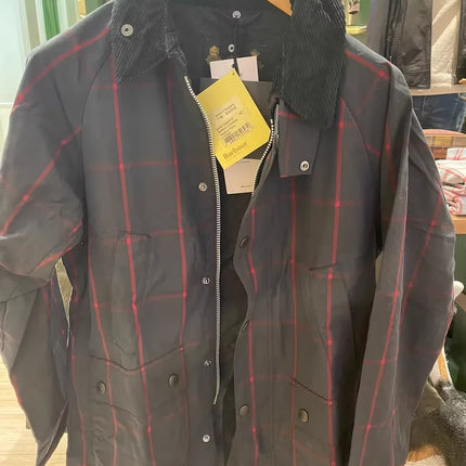 B@r Bedale Wax Coat Plaid Blue Triple Crown Slim Fit