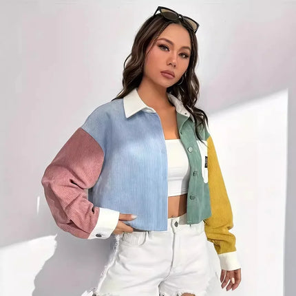 2024 Spring Summer Thin Loose Casual Velvet Color Block Short Jacket Women's Fashion Outerwear Versatile Lightweight Top