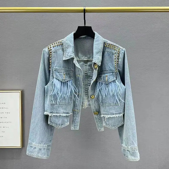 Women's Denim Jacket with Feather Decoration Denim Top, Heavy-duty Willow Nail Irregular Short Denim Coat Top