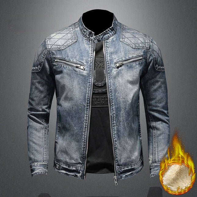 2023 Denim Jacket Men's Denim Jacket Mock Neck Zipper Slim Fit Blue Denim Jacket