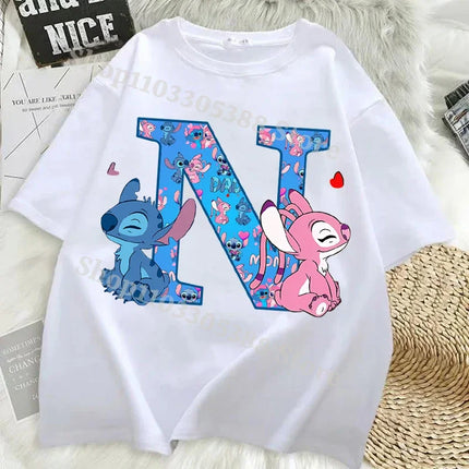 Disney Stitch T-shirts for Women Men Anime Letter A-Z Printed Short Sleeved Shirt Female Male Summer Fashion Top Adults Clothes