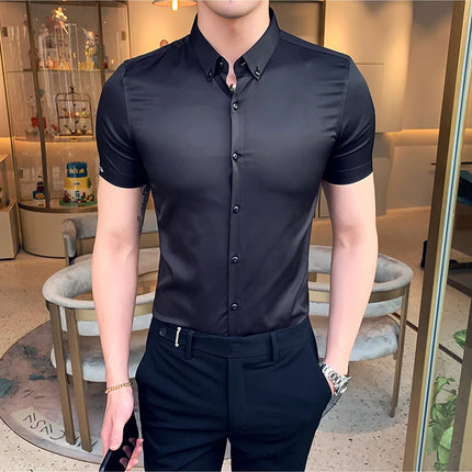 Neckline Embroidery Shirts Men Summer Short Sleeve Slim Fit Casual Shirt Men Solid Color Business Party Dress Shirt Streetwear