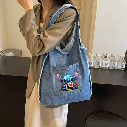 Disney Stitch Fashion Retro Denim Bag Women Anime High-capacity Shoulder Bag Female Students Commute Handbag Popular Tote-bag