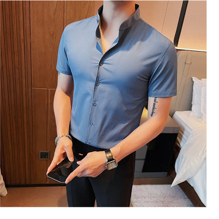 Men's Summer Fashion Stand Collar Business Casual Short Sleeve Shirt Luxury Slim Fit Solid Dress Shirt Brand Men Clothes 5XL-M