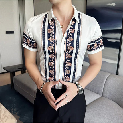 2023 Summer New Fashion Short Sleeve Print Shirt Men Slim Fit Business Social Party Dress Shirts Streetwear Plus Size 6XL-M